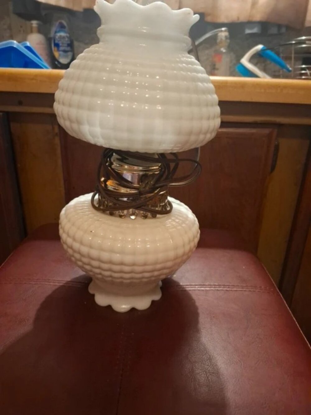 Vintage Hobnail Milk Glass Hurricane Lamp | Working | 14.5" Tall